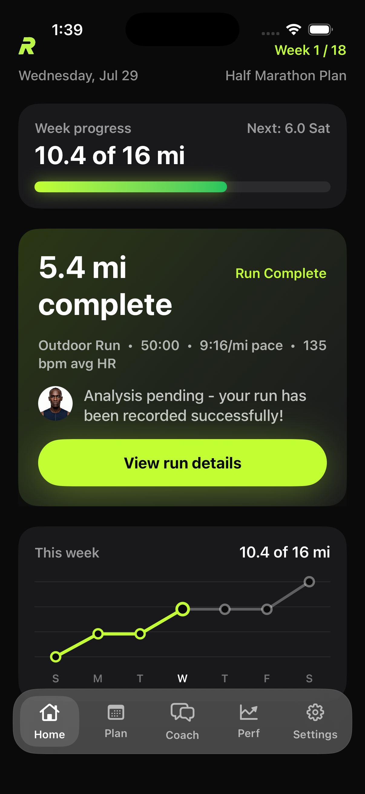 RUNNR app home screen showing weekly progress and a completed run.